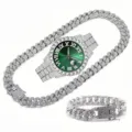 Ensemble de montre à quartz hip-hop glacée de luxe avec cadran vert et bracelet cubain. - Style 1 (Ensemble de Bijoux)
