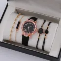 Set orologio donna al quarzo con cinturino in pelle nera quadrante strass e bracciali - Stile Catena Sottile Multigiro Delicata (5382837200633) / Set Tipo 2