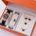 Vista dettagliata orologio da donna e set di gioielli con farfalla in scatola regalo. - Set Tipo 10