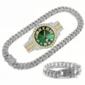 Montre hip-hop étincelante en zircone avec chaîne cubaine et bracelet ensemble de bijoux - Style 7 (Ensemble d'Accessoires)