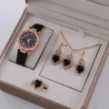 Orologio quarzo donna e set gioielli collana orecchini anello cuore nero elegante. - Stile Set Cuore Strass Nero (5382837200635) / Set Tipo 4