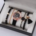 Set di orologi da polso al quarzo da donna con cinturino in pelle PU nera e bracciali - Stile 3+ Set Gioielli (Senza Confezione Regalo) (5555011087231)