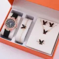 Set regalo orologio da donna al quarzo con bracciale collana orecchini anello farfalla nera. - Set Tipo 9