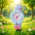 Children cartoon flower watch with purple butterfly strap, cute quartz timepiece for kids. - Blue Floral