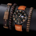 Herren Quarzarmbanduhr Set mit drei Leder- und Perlenarmbändern,schwarzes Zifferblatt. - Braun 3-teiliges Set