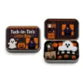 Detailed view of Halloween tin gift box with plush ghost and spooky accessories inside. - Pumpkin Pillow Style (A)