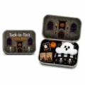 Detailed close-up of a Halloween ghost gift box including plush toy and spooky accessories - Checkered Blanket Style (D)