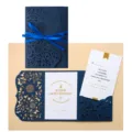 Elegant navy blue laser-cut birthday greeting card with ribbon and floral pattern - Birthday Card / Single Card (No Envelope) / Dark Blue