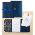Elegant navy blue laser-cut business birthday greeting card with ribbon and envelope. - Birthday Card Set / Envelope Included / Dark Blue