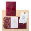Elegant laser-cut burgundy birthday card with gold foil text and a satin ribbon bow - Birthday Card / Single Card (No Envelope) / Burgundy