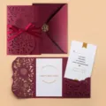 Elegant burgundy laser-cut birthday greeting card set with ribbon and gold-stamped insert - Birthday Card Set / Envelope Included / Burgundy
