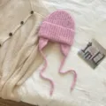 Gorro de punto rosa para mujer orejeras invierno acogedor térmico liso cálido gorro - 22*23 cm / Rosa