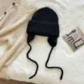 Mujer invierno caliente gorro de punto ushanka con orejeras acogedor sombrero negro - 22*23 cm / Negro