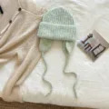 Gorro de punto verde claro con orejeras y tiras trenzadas, gorro de invierno cálido. - 22*23 cm / Verde menta