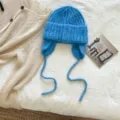 Gorro de punto azul con orejeras para mujer, gorro de invierno cálido y resistente al viento. - 22*23 cm / Azul