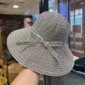 Sombrero de pescador a rayas blanco y negro de ala ancha para mujer, sombrero de sol de verano. - M (56-58cm) / Lazo Café Beige