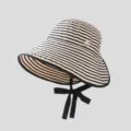 Sombrero de cubo con rayas para mujer, sombrero de sol de verano casual de ala ancha blanco y negro. - M (56-58cm) / Rayas negras y beige con abertura trasera