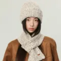Korean winter knit beanie scarf set cozy warm wool blend two-piece winter hat for women - Khaki Set