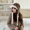 Retro braune Fleece Ohrenklappenmütze für Damen, dicke Plüsch warme winddichte Wintermütze. - M (56-58cm) / Blaues Reh