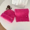 Conjunto de gorro y bufanda de punto rosa estilo coreano cálido invierno para mujer moda casual - Rosa rojo