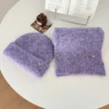 Conjunto de gorro y bufanda de punto esponjoso morado, suave y cálido para invierno. - Púrpura