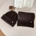 Conjunto de gorro y bufanda de punto marrón invierno cálido felpa elegante estilo - Marrón Oscuro