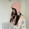 Pink chunky knit balaclava hat with earflaps and ties for warm winter daily wear and outdoor style. - M (56-58cm) / Pink