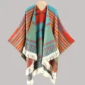 Ethnic style knitted shawl cape featuring vibrant geometric patterns and fringe hem design. - Split Scarf Orange