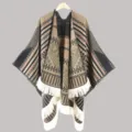 Ethnic style knit poncho cloak with tassels, warm winter cape for travel and casual daily wear. - Split Scarf Green & Camel