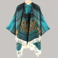 Ethnic geometric knitted poncho with fringe hem, cozy winter cape and shawl for travel outdoor. - Split Scarf Blue