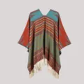 Ethnic style knitted poncho cape detail, colorful geometric pattern with fringe hem. - Pullover Shawl Orange