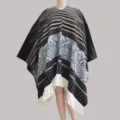 Ethnic knit poncho cape with geometric patterns and fringe hem for women warm winter - Pullover Shawl in Black and Gray