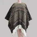 Ethnic style knitted poncho for women geometric pattern fringe hem cozy winter cape cloak - Pullover Shawl in Green and Camel