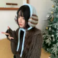 Korean style winter plush earmuffs with cute long straps and warm brown stripes design. - One Size / Blue