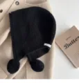 Black knit balaclava hat with cute pom poms, 100% wool winter earflap hat for women. - M (56-58cm) / Black