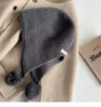 Grey 100% wool balaclava hat with cute pom-poms, cozy knit earflap cap for winter warm style. - M (56-58cm) / Gray