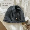 Detail view of dark grey wool knit beanie hat, cozy winter warm cable knit cap for women. - M (56-58cm) / Gray