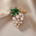 Elegant pearl grape brooch with green enamel leaf and crystal rhinestones for women sweater. - One-Leaf Grape Style
