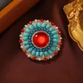 Vintage retro style crown brooch pin with red gemstone and turquoise for sweater access - Ruby Sunflower Brooch
