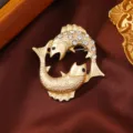 Matte gold double fish brooch elegant rhinestone animal pin fashion jewelry gift for women - Pisces