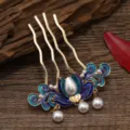 Peigne a cheveux emaille vintage avec perles et pompons, parfait pour coiffure Hanfu. - Peigne à Cheveux Lotus d'Été