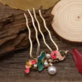Peigne à Cheveux Doré Émaillé Vintage Hanfu Épingle Perle Style Chinois Accessoires Cheveux - Peigne à Cheveux Carpe et Lotus