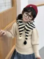 Lindo pañuelo triangular de punto a rayas para niños con pompón, calentador de cuello. - Niños / Negro y Blanco