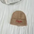 Kinder Winter Strickmütze mit stylischer Buchstabenstickerei, warme einfarbige braune Mütze. - Nur Hut / Khaki