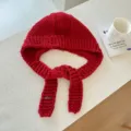 Roter klobiger Strick Balaclava Kapuzenmütze mit langen Bändern, warmer Winterwinddichte Mütze. - 24*70cm / Rot