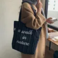 Sac cabas en toile pour femme, sac à épaule rayé élégant avec impression de lettres, grande capacité. - 40x42cm / Noir