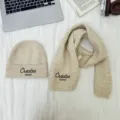 Kinder Strickmuetze Schal Set einfarbig bestickt Winter warm Baby Jungen Maedchen weich - Mütze Schal Set / Beige