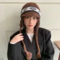 Brown Fair Isle knit earflap hat, stylish warm wool winter trapper beanie with braided ties. - M (56-58cm) / Coffee