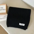 Black ribbed knit scarf for women, cozy winter thermal neck warmer, soft solid color wool scarf. - Black