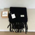Winter black wool blend fringe scarf for women, cozy thermal lamb wool shawl wrap. - Black
